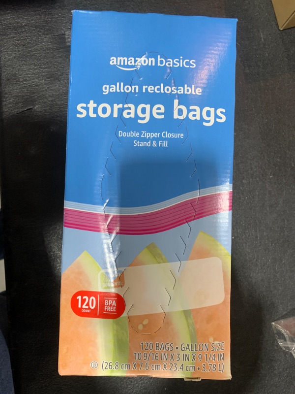 Photo 2 of Amazon Basics Reclosable Gallon Food Storage Bags, Stand &Fill Base, 120 Count