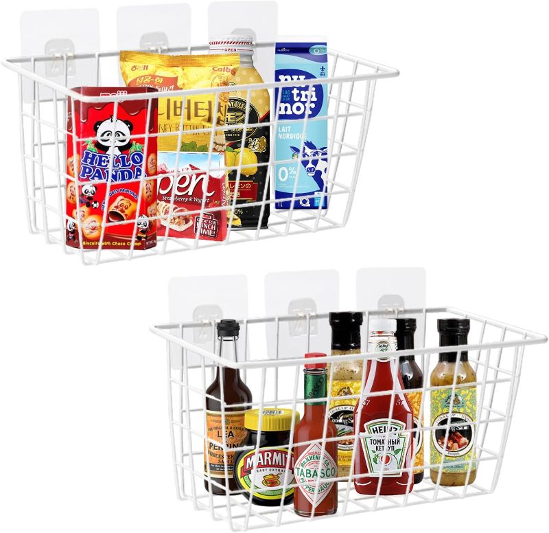 Photo 1 of 2 PCS Hanging Kitchen Baskets For Storage Adhesive Sturdy Small Wire Storage Baskets with Kitchen Food Pantry Bathroom Shelf Storage No Drilling Wall Mounted