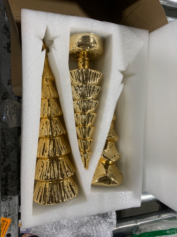 Photo 1 of Funnymoom 3 Pack Glass Christmas Trees Lighted Christmas Tree Tabletop Glitter Christmas Centerpieces Decoration Glass Xmas Tree Holiday Figurines Ornament for Tables Mantle Holiday Fireplace(Gold)