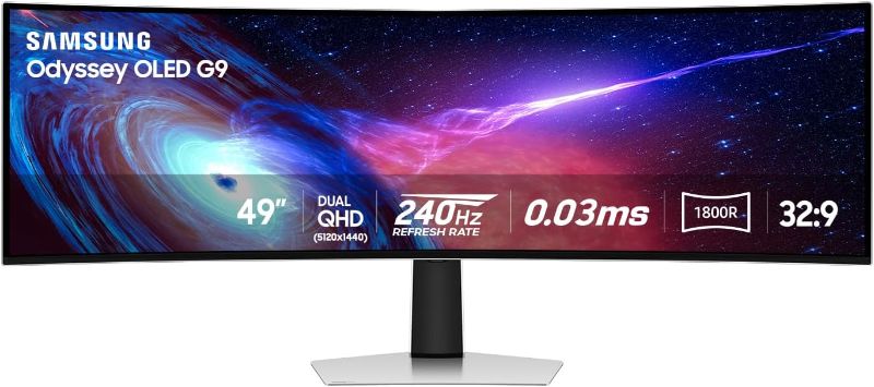 Photo 1 of SAMSUNG 49" Odyssey G93SC Series OLED Curved Gaming Monitor, 240Hz, 0.03ms, Dual QHD, DisplayHDR True Black 400, FreeSync Premium Pro, Height Adjustable Stand,