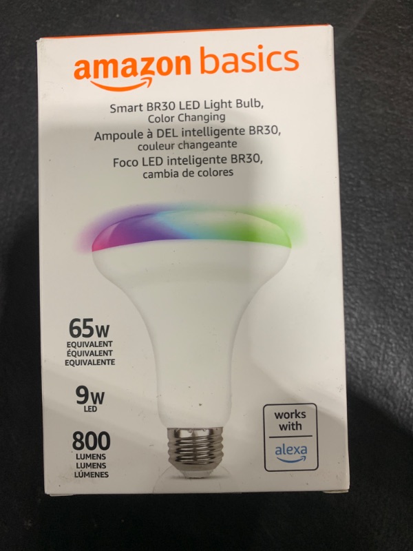 Photo 2 of Amazon Basics Smart BR30 LED Light Bulb, Color Changing, 60W Equivalent, 800LM, Works with Alexa Only, 2.4 GHz Wi-Fi, No Hub Required, 1-Pack