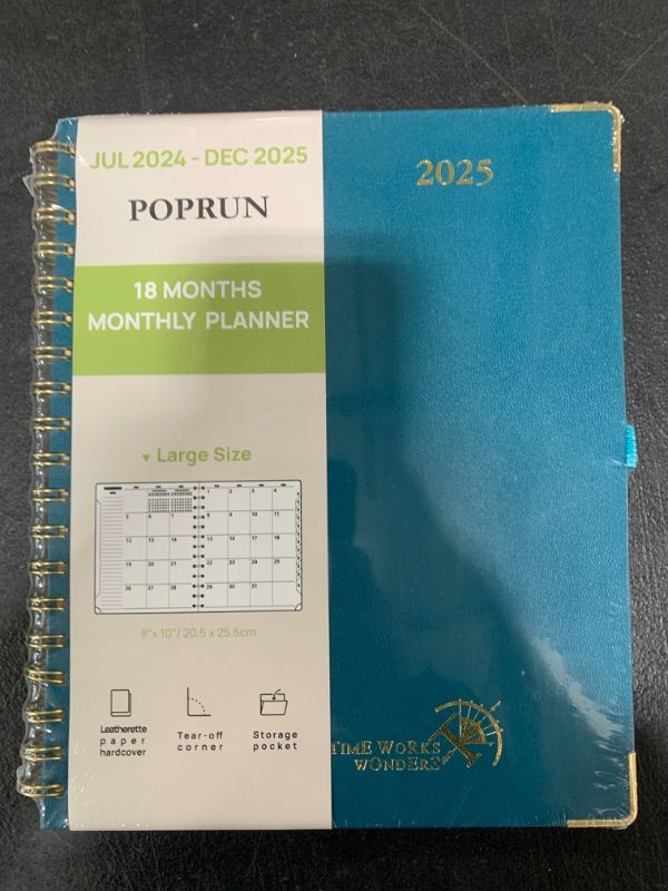 Photo 2 of POPRUN Monthly Planner 2024-2025 Spiral Bound (8'' x 10'') 18 Months Calendar (Jul 2024 - Dec 2025) - 4 Pages per Month with Monthly Dotted Note Pages, Sunday Start, HardCover - Pacific Green