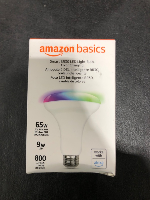 Photo 2 of Amazon Basics Smart BR30 LED Light Bulb, Color Changing, 60W Equivalent, 800LM, Works with Alexa Only, 2.4 GHz Wi-Fi, No Hub Required, 1-Pack