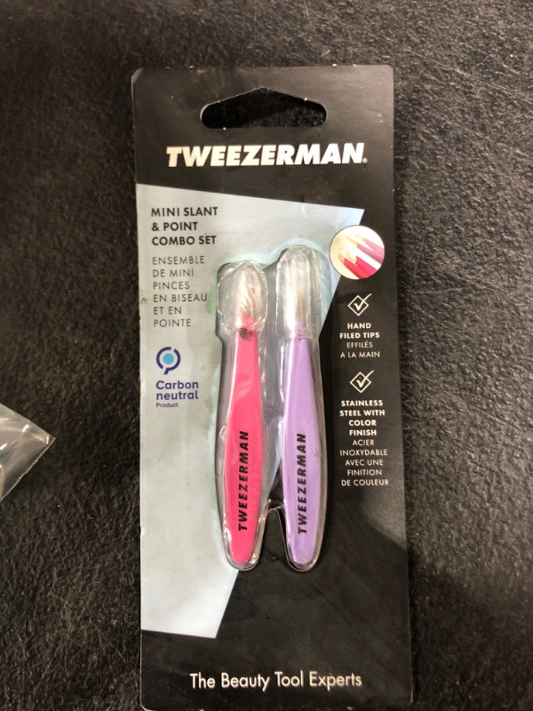 Photo 2 of Tweezerman Mini Slant and Point Tip Tweezer - Tweezers Set for Eyebrows, Facial Hair, Ingrown Hairs