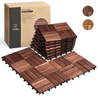 Photo 1 of 10 Pcs Interlocking Deck Tiles 12" x 12", Patio Flooring Outdoor Waterproof, Acacia Wood Tiles All Weather, Floor Tiles for Balcony, Backyard, Indoor and Outdoor use (Brown)
