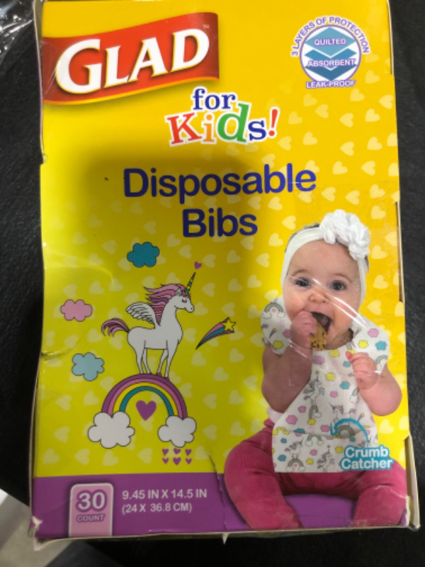 Photo 2 of Glad for Kids Unicorn Paper Disposable Bibs with Crumb Catcher for Feeding - Absorbent and Leakproof Eating and Travel Must Haves for Mess-Free Meals, 30 Count