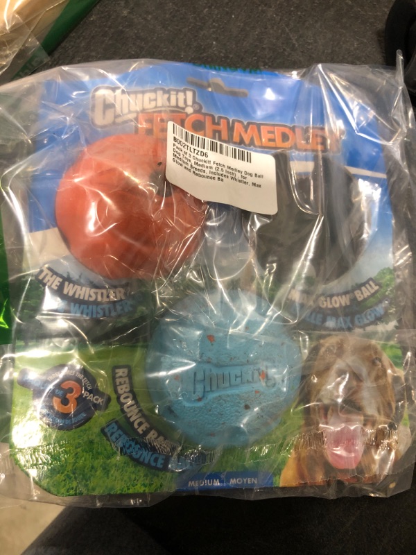 Photo 2 of Chuckit! Fetch Medley Dog Ball Dog Toys, Medium (2.5 Inch) Pack of 3, for Medium Breeds, Includes Whistler, Max Glow and Rebounce Balls