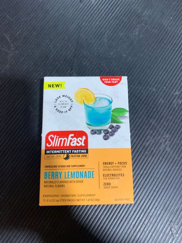 Photo 2 of SlimFast Intermittent Hydration Packets, Intermittent Fasting Electrolytes, Energy Powder Drink Mix, Caffeine from Natural Sources- Berry Lemonade (12 Count)