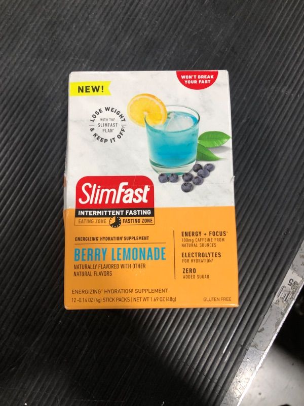 Photo 2 of SlimFast Intermittent Hydration Packets, Intermittent Fasting Electrolytes, Energy Powder Drink Mix, Caffeine from Natural Sources- Berry Lemonade (12 Count)