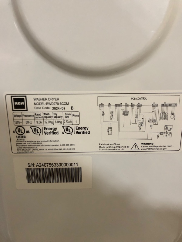 Photo 4 of RCA RWD270 Washer and Dryer Combo 2.7 cu ft - White
