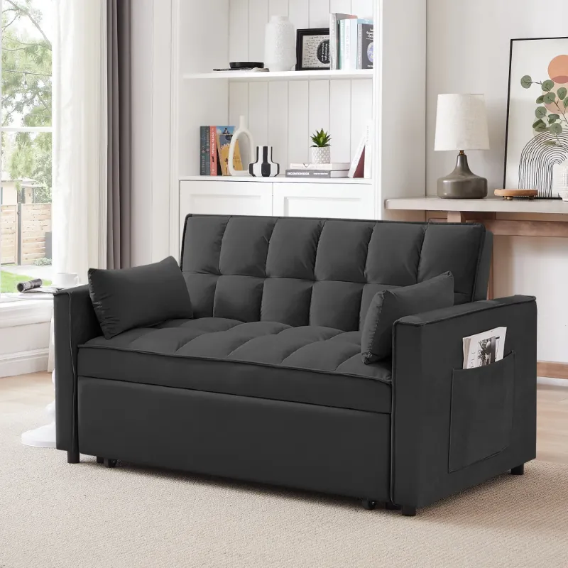 Photo 1 of BSHTI LOVESEAT SOFA BED VELVET UPHOLSTERY FOLD OUT SLEEPER TUFTED BLACK SQUARE ARM PLASTIC LEG PULL OUT SLEEPER SOFA BLACK