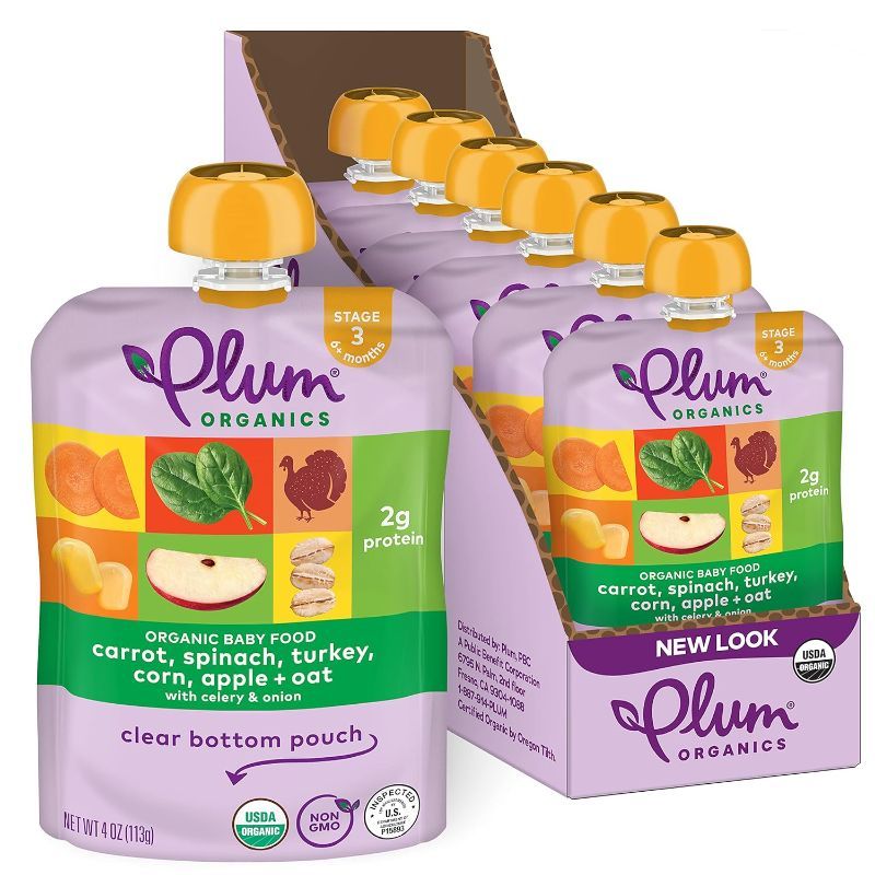 Photo 1 of Plum Organics Stage 3 Organic Baby Food - Carrot, Spinach, Turkey, Corn, Apple, and Oat - 4 oz Pouch (Pack of 6) - Organic Baby Food Pouch -- EXP DEC 19 2024
