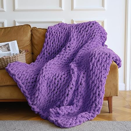 Photo 1 of Purple Chunky Knit Throw Blanket, Soft Thick Throw Blanket Hand Knit Weighted Blanket for Couch Knitted Throw Blanket Yarn Boho Chunky Throws for Bed Sofa Cable Knit Blankets for Girls Women 50x60''
