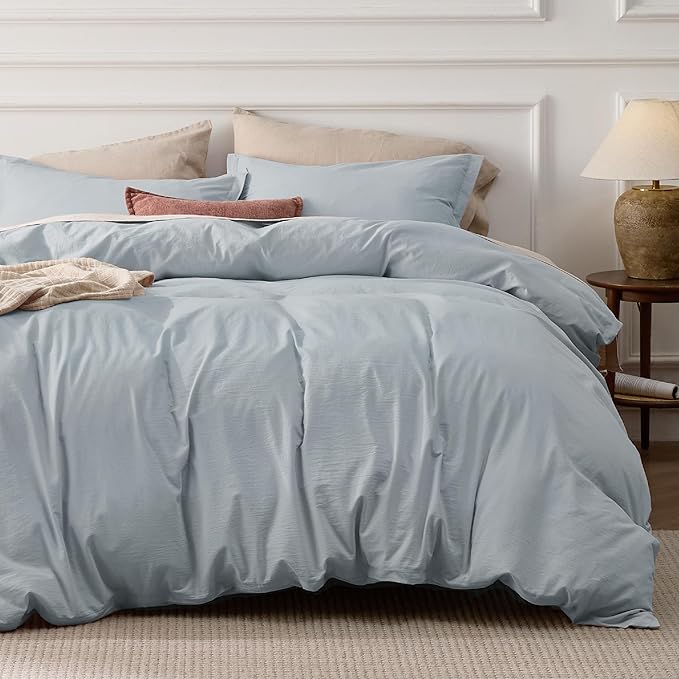 Photo 1 of Bedsure 100% Stone Washed Cotton Duvet Cover King - Cornflower Blue Minimalist Duvet Cover Linen Like - 3 Pieces Plain Simple Duvet Cover Set with 2 Pillow Shams (Cornflower Blue, King, 104"x90")
