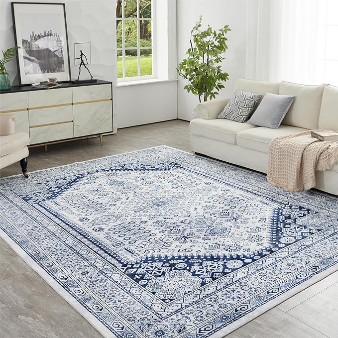 Photo 1 of Syalife Washable Rugs 5x7 Area Rugs for Living Room with Non Slip Backing, Vintage Area Rugs 5'x 7' Distressed Indoor Carpet Non-Shedding Area Rugs for Bedroom, Dining Room (Navy Blue, 5'x 7')
