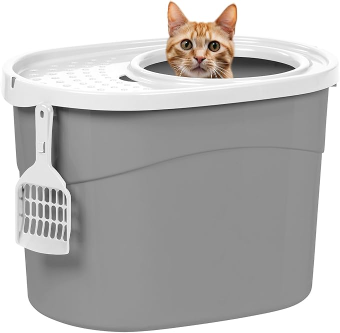 Photo 1 of IRIS USA Cat Litter Box, Large Top Entry with Litter Catching Lid and Scoop, Dog Proof, Enclosed Cat Litter Box, Gray/White
