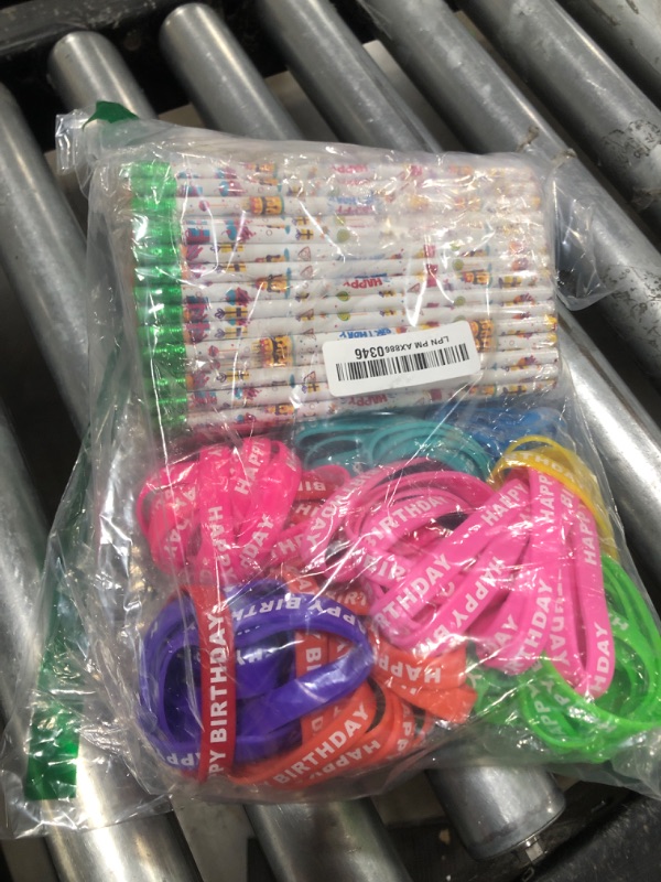 Photo 2 of 400 Pieces Happy Birthday Gifts Kits:100 Pcs Happy Birthday Rubber Bracelets,100 Pcs Happy Birthday Pencils,200 Pcs Happy Birthday Badge Stickers For Teachers Classrooms Reward Birthday Party Kids Gifts Supplie