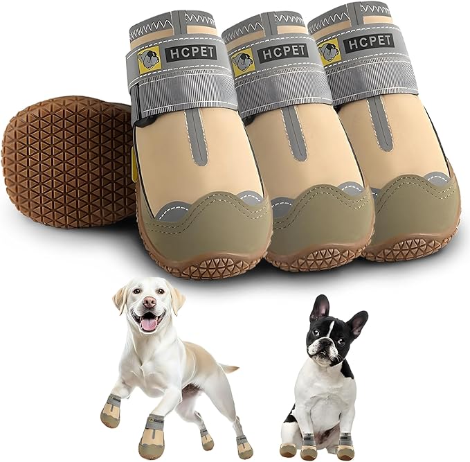 Photo 1 of Hcpet Dog Shoes for Large Dogs, Waterproof Dog Booties for Small Medium Dogs, Anti-Slip Dog Boots & Paw Protectors for Hot Pavement Winter Snow Hiking with Reflective Straps Khaki Size 6
