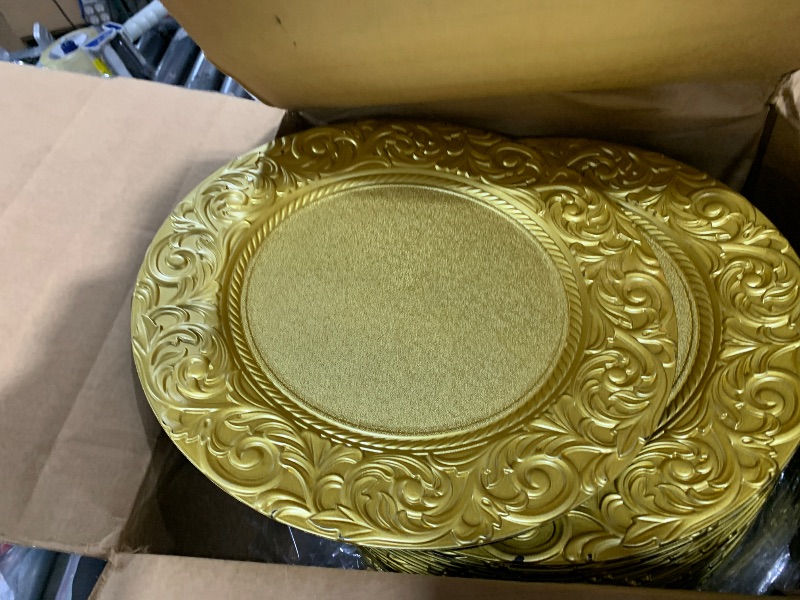 Photo 1 of Zhehao 50 Pcs Antique Gold Charger Plates Bulk 13 Inch Embossed Rim Plastic Charger Plate Decorative Round Plate Chargers for Dinner Wedding Party Event Table Setting Decoration