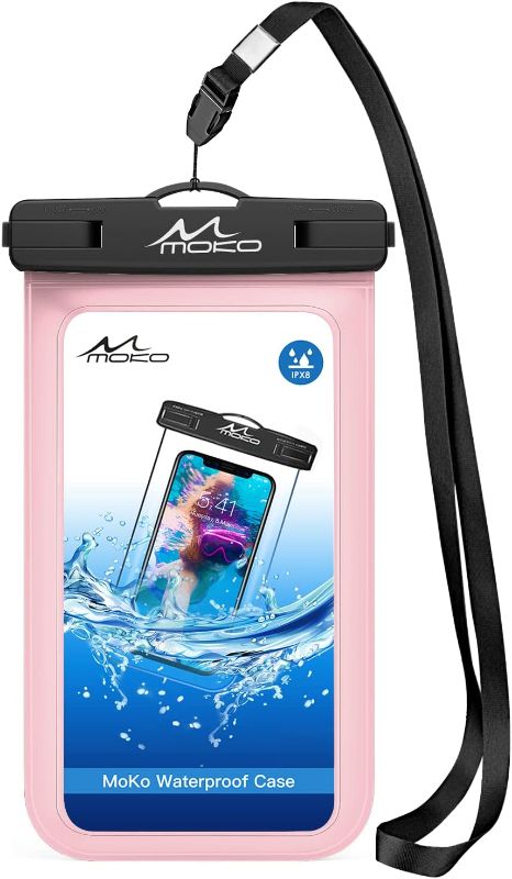 Photo 1 of MoKo Waterproof Phone Pouch Holder, Underwater Cellphone Case Dry Bag with Lanyard Armband Compatible with iPhone 14 13 12 11 Pro Max X/Xr/Xs Max/SE 3, Samsung S21/S20/S10/S9, Pearly Pink
