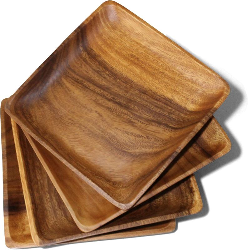 Photo 1 of Acacia Wood Plates for Food, Square Rustic Set of 4, Heavy Duty 10"x10" Platters, Perfect for Dining, BBQ, Picnic, Parties, or Ceramic Plate Chargers.
