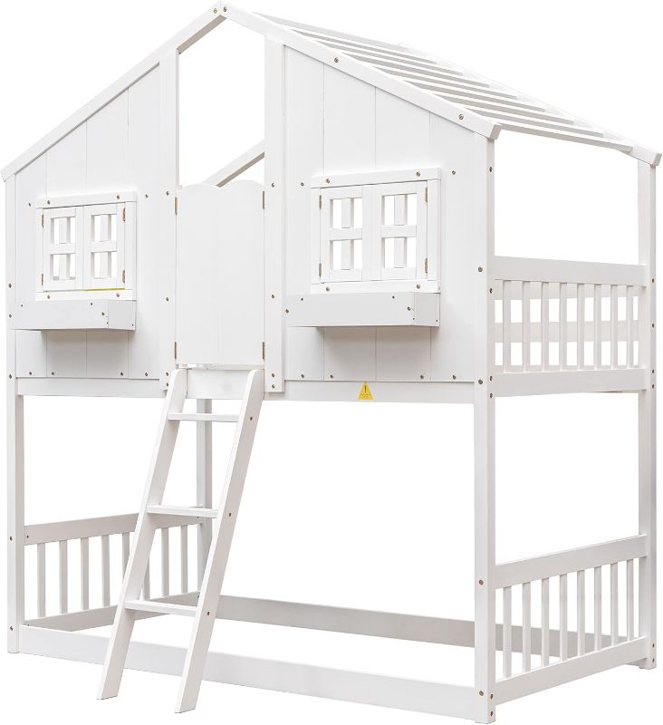 Photo 1 of BOVZA Twin Over Twin House Bunk Bed with Roof and Windows, Window Box, Door and Ladder, Low Wooden Montessori Bunk Bed, Wood Playhouse Bunk Bed for Kids, White