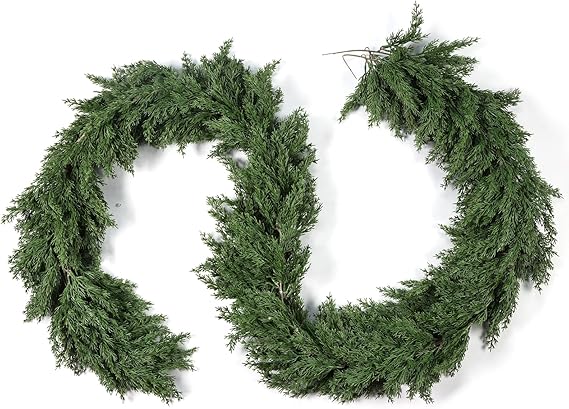 Photo 1 of 1 Pack Christmas Cedar Garland Artificial Pine Cypress Vines Faux Christmas Evergreen Garland Mantle Fireplace Cascading Garland for Indoor Outdoor Table Stairs Winter Decoration(9 ft)
