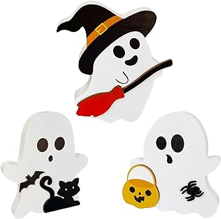 Photo 1 of Ksheira 3 Pcs Cute Halloween Tiered Tray Decorations Indoor, Ghost Wooden Decor Pumpkin Blocks Black Cat Bat Witch Broom Signs Pumpkin Blocks for Party Home Shelf Display