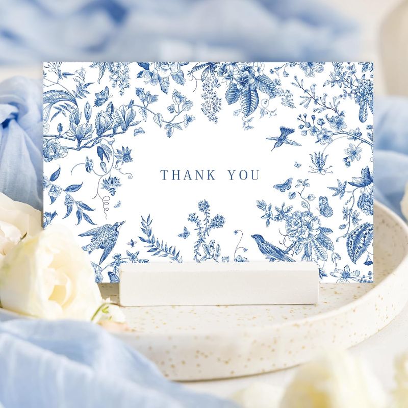 Photo 1 of  24 Pack Flower Bird Thank You Cards Blue and White Floral Greeting Cards with Envelopes Stickers Blank Note Cards for Wedding Birthday Baby Shower Party Supplies, 4 x 6 Inch