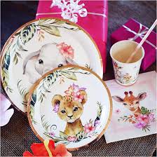 Photo 1 of 142pcs Safari Jungle Baby Shower Tableware Decorations for Girl,Pink Safari Jungle Animal Theme Birthday Baby Shower Party Supplies Disposable Banner,Tablecloth,Plates,Napkins,Cups,Forks and Knives