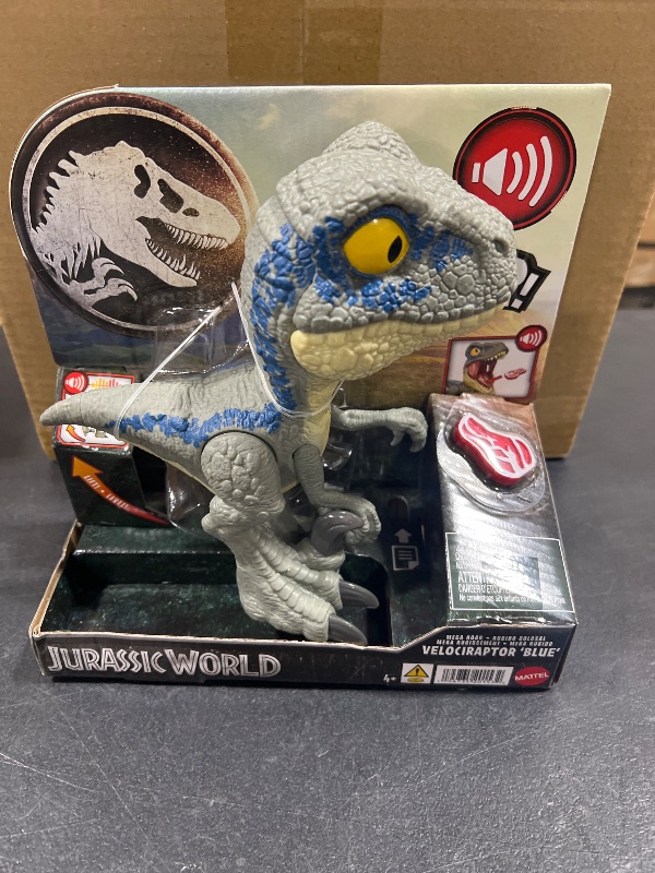 Photo 2 of Mattel Jurassic World Mega Roar Blue Velociraptor Dinosaur Toy with Sound & Stretchable Jaw Tendons, Increasing Roar Levels & Feeding Feature