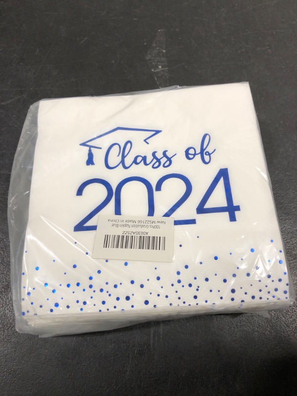 Photo 2 of 100Pcs Class of 2024 Graduation Napkins, Disposable Congrats Grad Paper Cocktail Napkins Square Foil Dot Hand Towels for 2024 School University College Graduation Party Decorations?Blue?