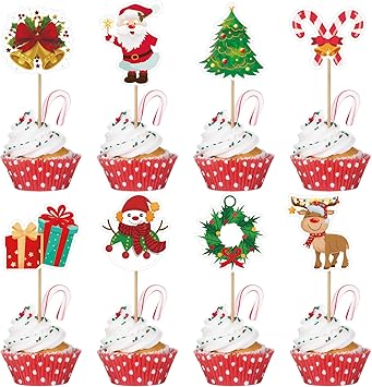 Photo 1 of 96PCS Christmas Cupcake Toppers - Christmas Cake Decorations Picks Toothpicks for Christmas Appetizers Food Decor Holiday Party Supplies
