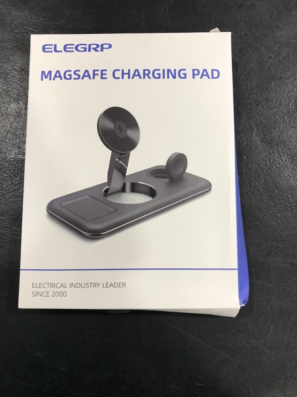 Photo 2 of ELEGRP Wireless Apple Charging Station, 3 in 1 Magsafe Charger Stand for iPhone 15, 14, 13, 12 Pro Max/Pro/Mini/Plus, Apple Watch Ultra 8/7/SE/6/5/4/3/2/1, and AirPods 2/3/Pro (White)