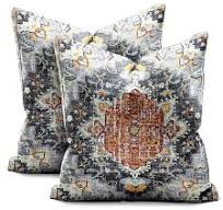 Photo 1 of PENUFILO Boho Style with Floral Pillow Cover Bohemian Gray Orange Decorative Pillow Cases Linen Square Cushion Cover for Home Bedroom Livingroom Sofa Couch 18x18 Inch (Set of 2)