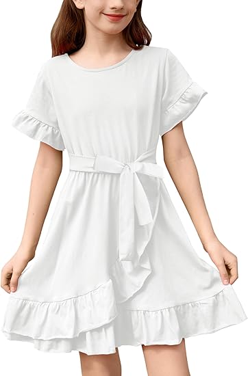 Photo 1 of BesserBay Girls Casual White Short Sleeve Summer Outfits Spring Graduation Tie Front Dress Size 11-12 Years