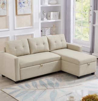 Photo 1 of Upholstered Pull Out Sectional Sofa with Storage Chaise, Convertible Corner Couch, Beige  2 boxes