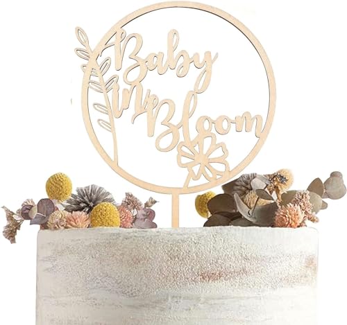 Photo 1 of Wood Baby in Bloom Cake Topper,Flower Theme Baby Shower Cake Decorations - First Birthday Cake Topper for Baby Showers and Gender Reveal Party Decorations