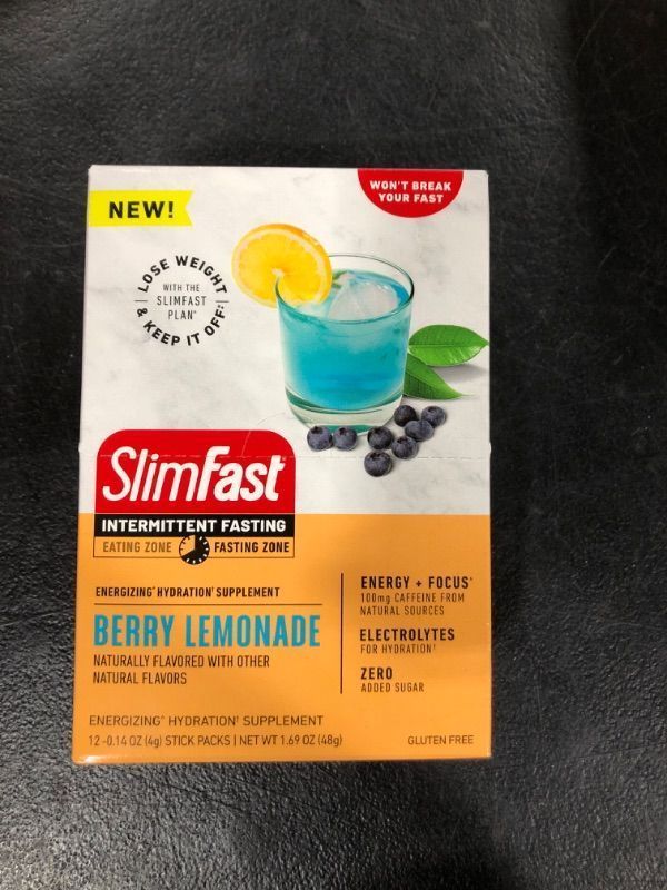 Photo 2 of SlimFast Intermittent Hydration Packets, Intermittent Fasting Electrolytes, Energy Powder Drink Mix, Caffeine from Natural Sources- Berry Lemonade (12 Count) BB 12.24