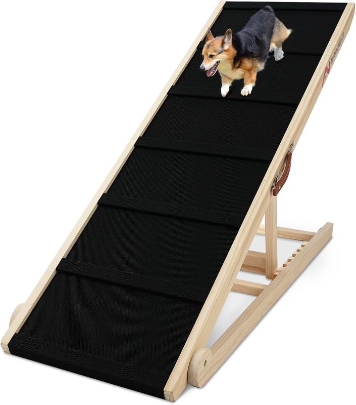 Photo 1 of Nidouillet Dog Ramp for Bed, 47.2" Long Wooden Foldable Dog Ramp, 6 Adjustable Heights from 15.7" to 27.6" with Anti-Slip Rubber Mat, Portable Pet Ramp for Car, Bed, Couch, Max 200lbs