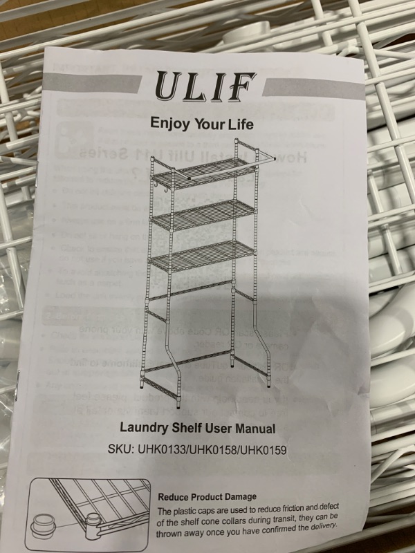 Photo 2 of Ulif U11 Over Washer and Dryer Shelves, 3 Tiers Laundry Room Storage and Organizer Standing Shelf, Metal Freestanding Clothes Drying Rack, 33.9" W x 19.7" D x 77.6" H, White