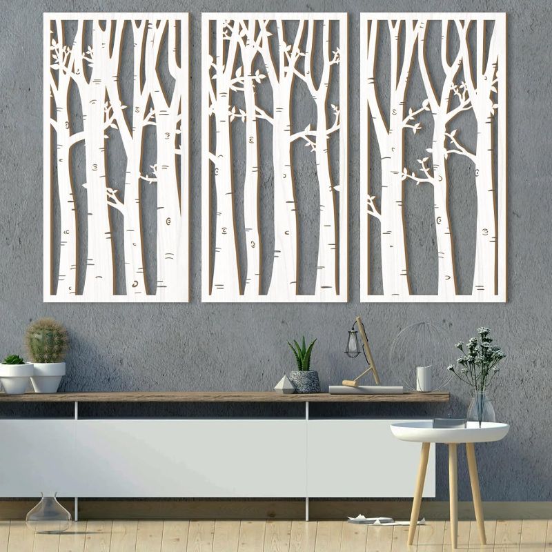 Photo 1 of BINCUE Large 3D Wood Wall Art Carved 3 Panels Birch Tree Shape Boho 16x32 Inch for Living Room Office