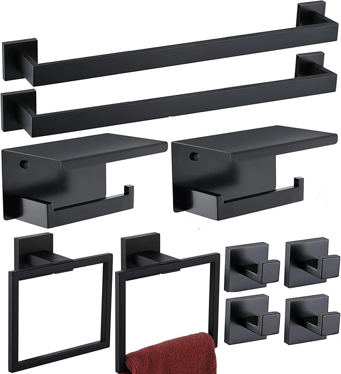 Photo 1 of Bathroom Towel Bar Set 10 Pieces Matte Black Square Modern Bathroom Hardware Set SUS304 Bathroom Accessories Set Towel Rack Set for Bathroom Wall Mounted (Matte Black, 24 Inch)
