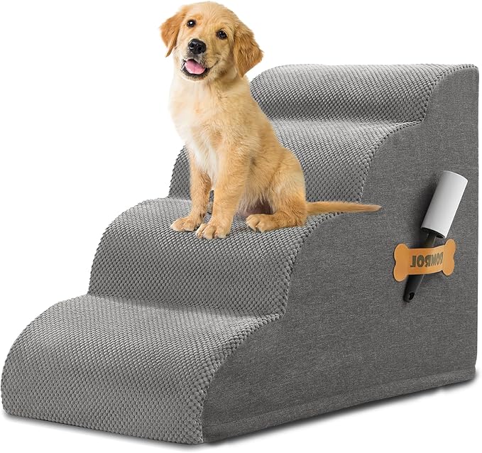 Photo 1 of Dog Stairs, Romrol Dog Steps Ramp for High Bed and Couch, Dog Ramp with Durable Non-Slip Waterproof Fabric Cover, Pet Stairs for Small Dogs and Cats or Pets Joints, 4-Tiers,Grey
