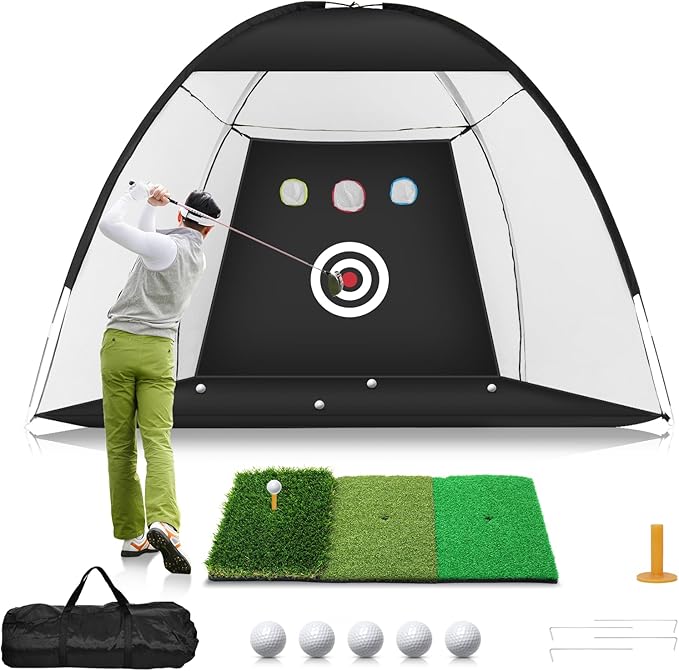 Photo 1 of Golf Net, 10x7ft Golf Practice Net with Tri-Turf Golf Mat, All in 1 Home Golf Hitting Aid Nets for Backyard Driving Chipping Swing Training with Target/Mat/Balls/Tee/Bag - Gift for Men/Golf Lovers
