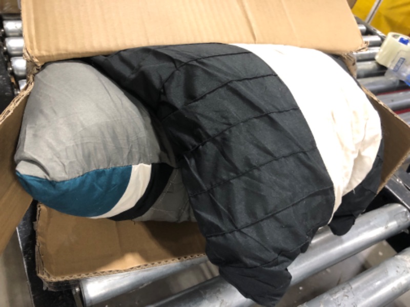 Photo 1 of Grand Linen Modern 7 Piece Oversize Teal Blue/Grey/Black Pin Tuck Stripe Comforter Set California (Cal) King Size Bedding with Accent Pillows 106"X94"