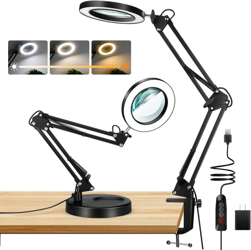 Photo 1 of 10X Magnifying Glass with Light and Stand, 2-in-1 LED Lighted Magnifier, 3 Color Modes Stepless Dimmable, Hands Free Magnifying Desk Lamp with Clamp for Repairing Reading Craft Hobby Painting