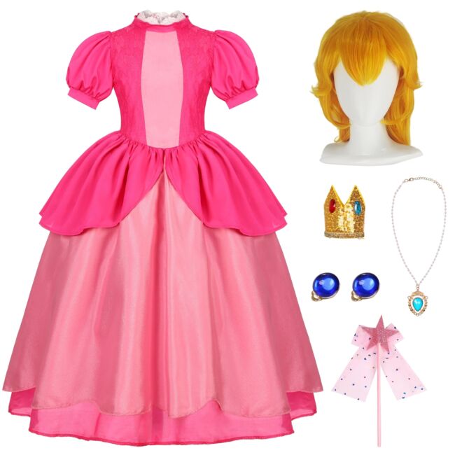 Photo 1 of Miulruma Girls Princess Peach Costume Dress Kids with Wig Accessories Halloween Costumes Super Bros Cosplay Pink Outfits MA054-XL