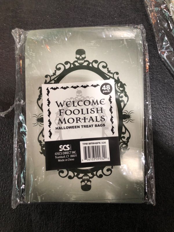 Photo 2 of Halloween Treat Bags (48 Pack) Create Your Own Haunted Mansion with Welcome Foolish Mortals Design- Goody Bags for Trick-or-Treaters, Parties, School Events - Party Favor Bags for Candy, Toys, 5" x 7"