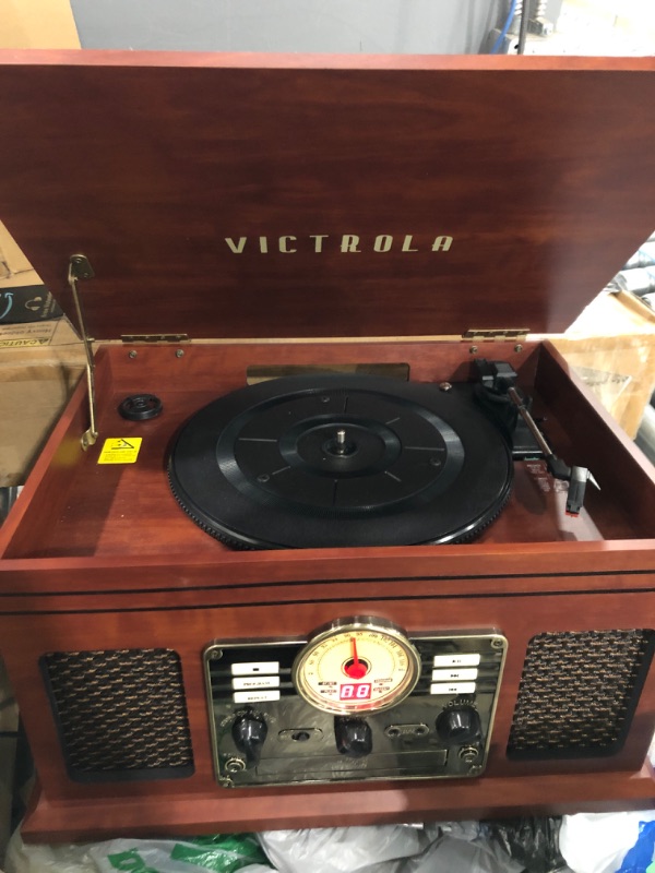 Photo 3 of Victrola Nostalgic 6-in-1 Bluetooth Record Player & Multimedia Center with Built-in Speakers - 3-Speed Turntable, CD & Cassette Player, FM Radio | Wireless Music Streaming | Mahogany Mahogany Entertainment Center